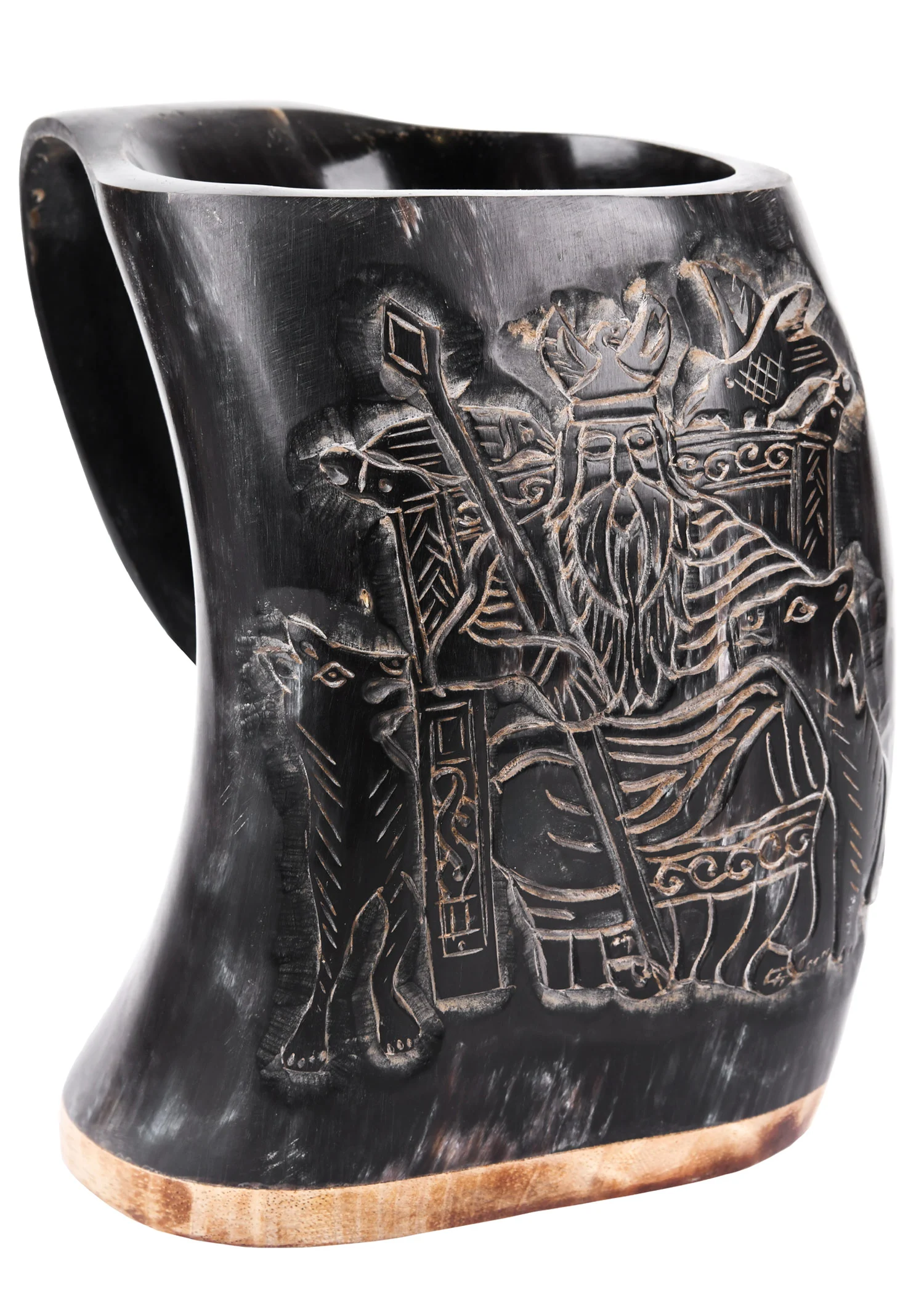 Hornbecher, Bierkrug mit Holzboden und Odin-Motiv