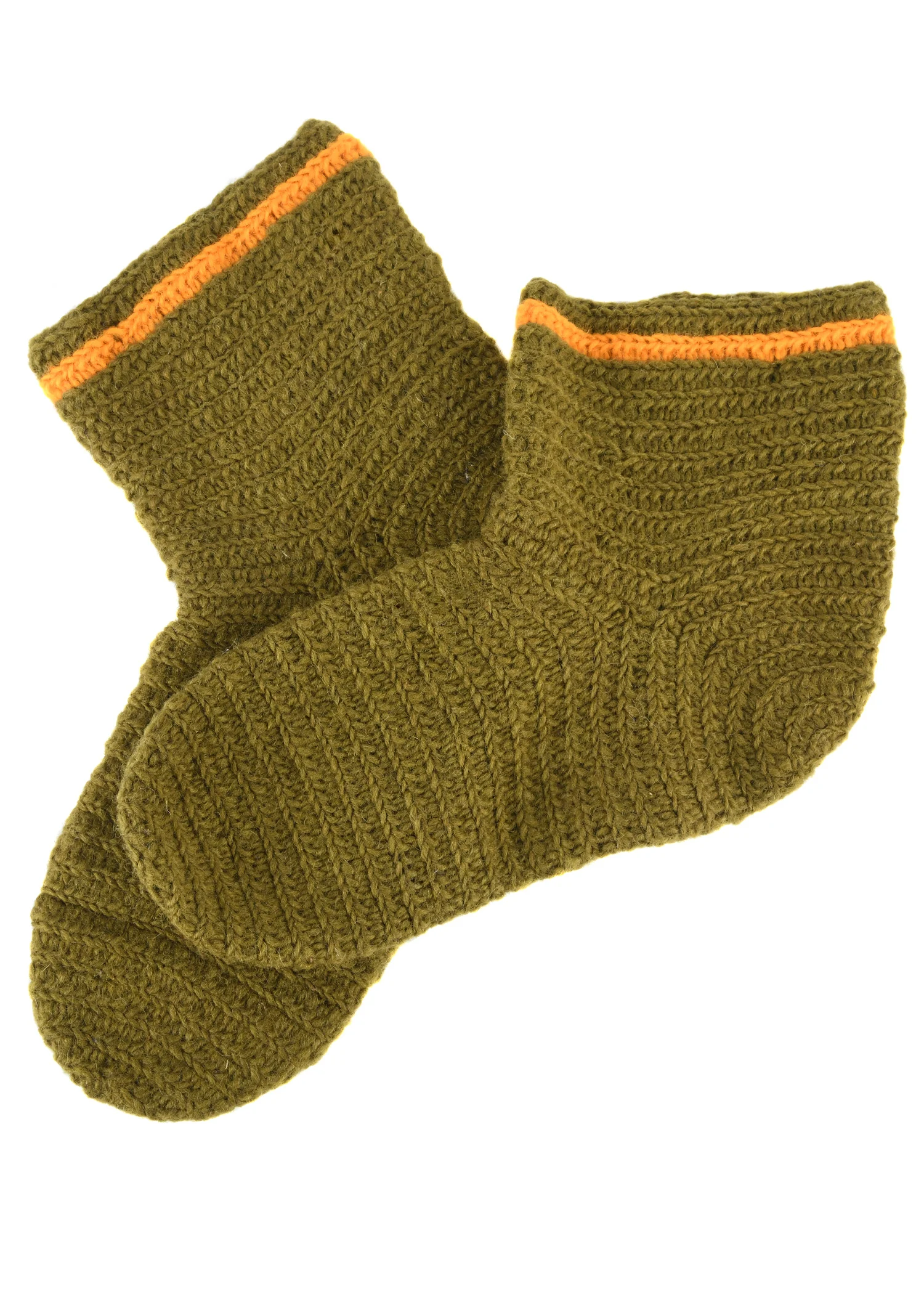 Wollsocken, gehäkelt, grün-gelb