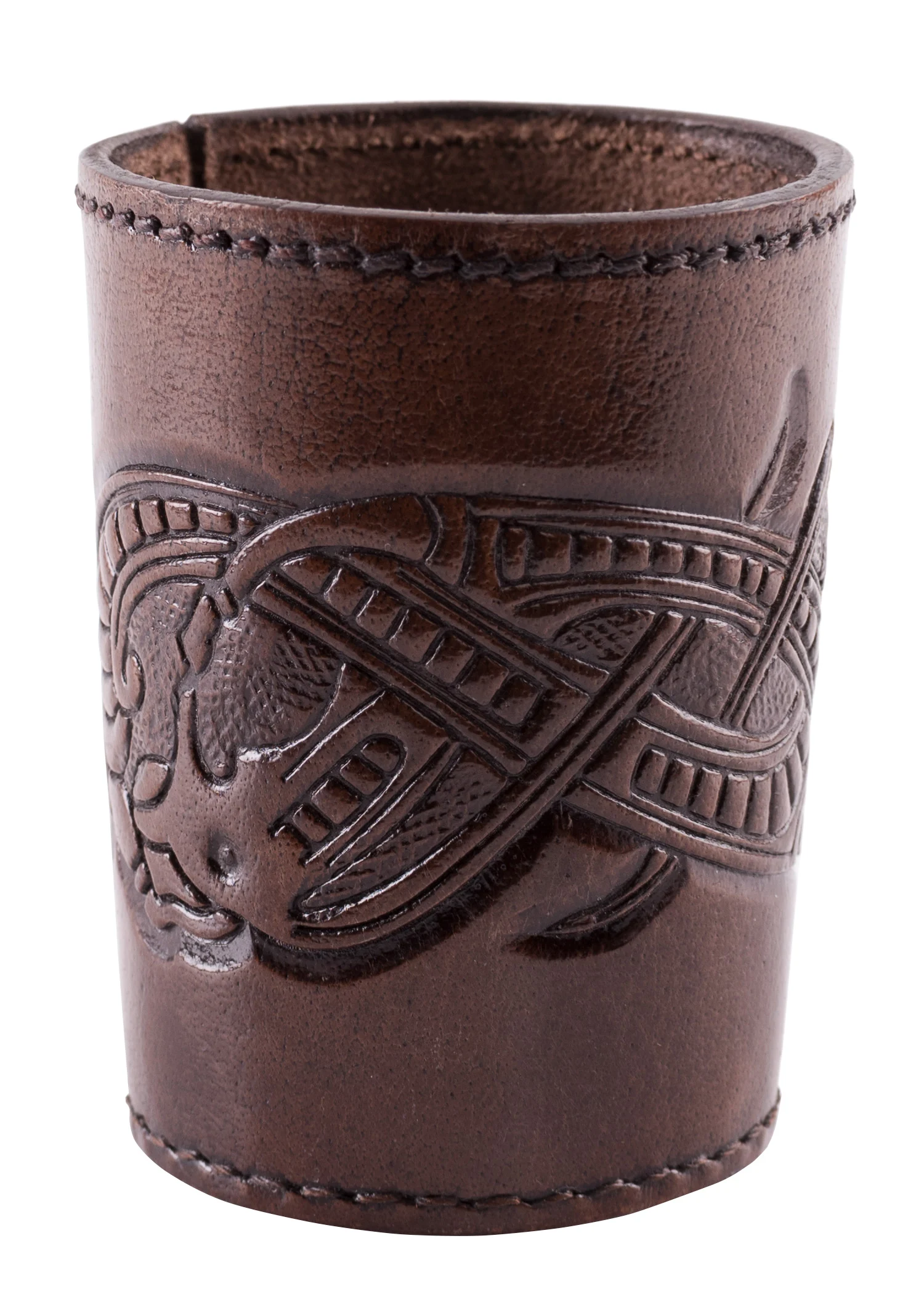 Würfelbecher aus Leder mit geprägtem Drachenmotiv, Jelling-Stil, dunkelbraun