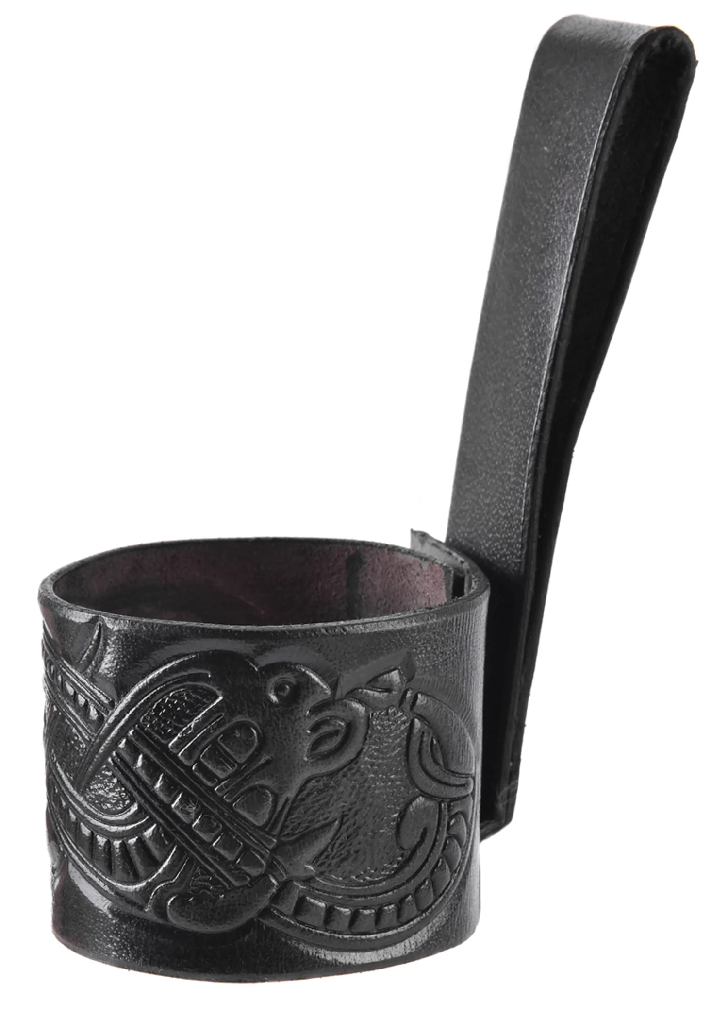 Leder Hornhalter für Trinkhorn, geprägter Drache, Jelling-Stil, schwarz